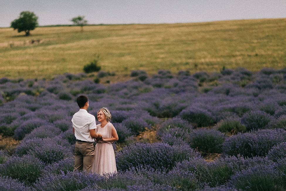 A couple in a lavender field in Moldova.