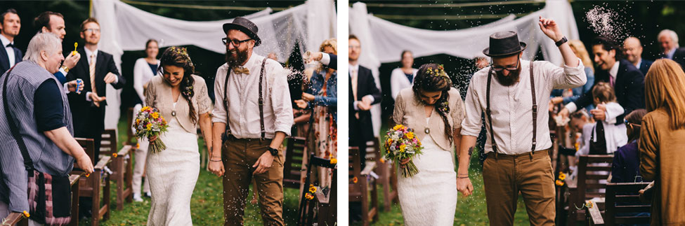 Everyone joins in celebrating the union of this indie bride and groom.